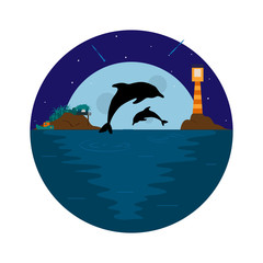 Background with sea, dolphin, lighthouse and moon.