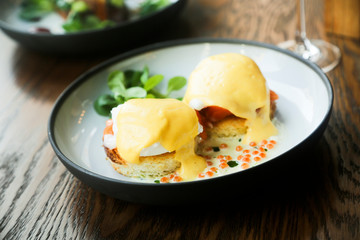 Eggs Benedict with smoked salmon and caviar