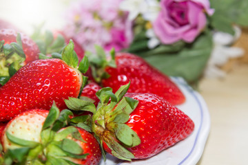 close up of fresh natural strawberry fruit, fresh strawberries in spring