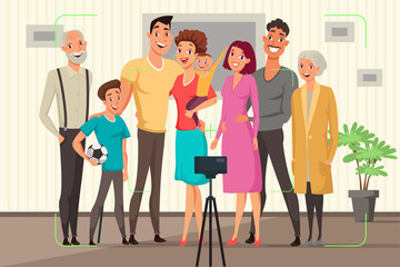 Obraz premium Family taking group photo vector illustration