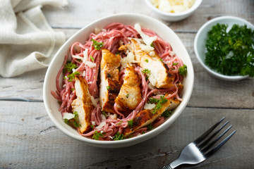 Beetroot pasta with chicken