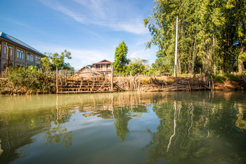 Fototapeta na wymiar Strolling by boat in Inle Lake, Myanmar.