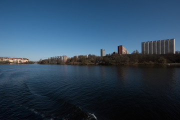 Water view over the Essigen and Kungsholmen islands in Stockholm a sunny spring day