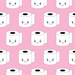 Vector illustration, toilet paper seamless pattern. Happy smiles, cartoon style, background. Kawaii style