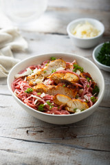 Beetroot pasta with chicken