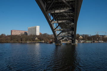 Water view over the Riddarfjärden bay and bridge in Stockholm a sunny spring day,
