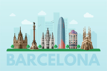 Barcelona sightseeing tour flat vector banner - obrazy, fototapety, plakaty