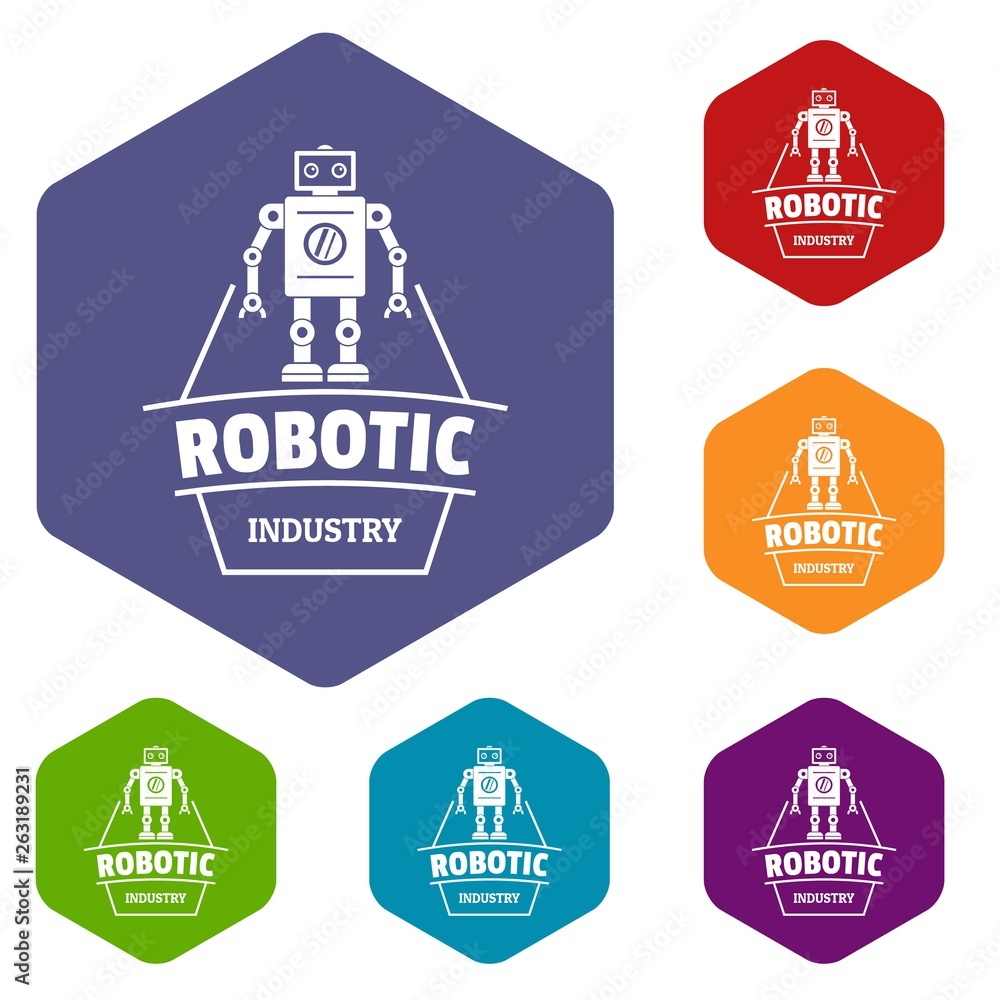 Poster robot future icons vector colorful hexahedron set collection isolated on white
