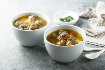 Homemade soup with meatballs
