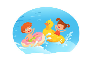 Obraz na płótnie Canvas Kids swimming in the pool flat vector illustration