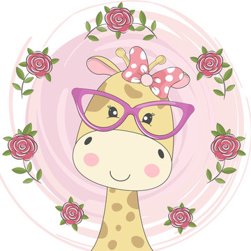 Adorable face cute giraffe in glasses and pink bow isolated on pink background with flowers.