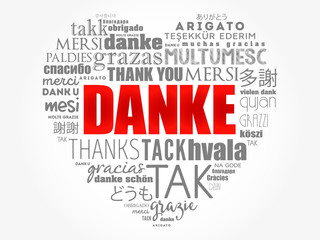 Fototapeta premium Danke (Thank You in German) Love Heart Word Cloud in different languages