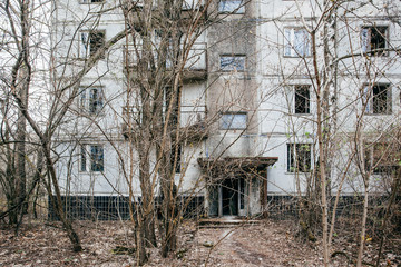 An abandoned building overgrown with trees in Pripyat, the Chernobyl zone