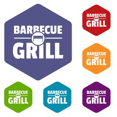 Barbecue grill icons vector colorful hexahedron set collection isolated on white 