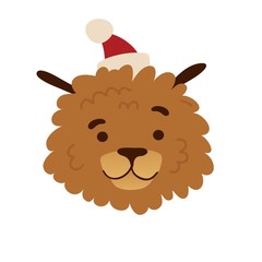 Cute avatar design with a  cartoon dog in a christmas cap. The poster design with a cheerful doggy for happy holiday. Beautiful print with a funny character puppy face for new year postcard. Vector