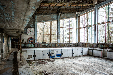 Former swimming pool in Pripyat, the ghost town in the Chernobyl Exclusion Zone which was...