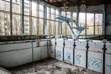 Former swimming pool in Pripyat, the ghost town in the Chernobyl Exclusion Zone which was...