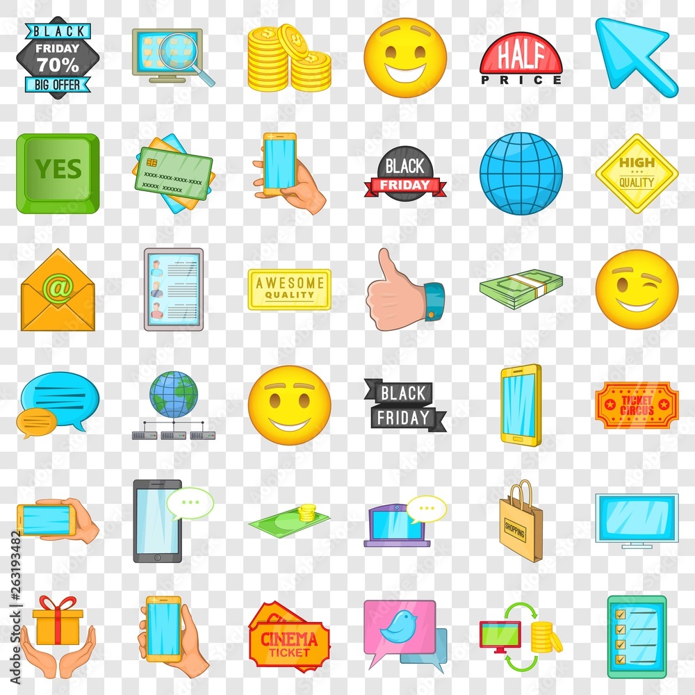 Poster internet commerce icons set. cartoon style of 36 internet ommerce vector icons for web for any desig