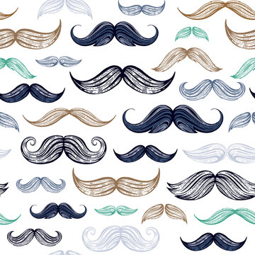 Vintage moustaches seamless hand drawn pattern. Retro classic french, british face style texture background. Line sketch, hipster element. Wallpaper, wrapping paper, fabric print vector illustration