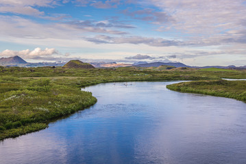 View on the River Graenilaekur in Myvatn region, located in north part of Iceland