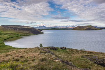Skutustadagigar pseudo craters on the natural wetlands conservation area of Myvatn Lake in Myvatn region, located in north part of Iceland