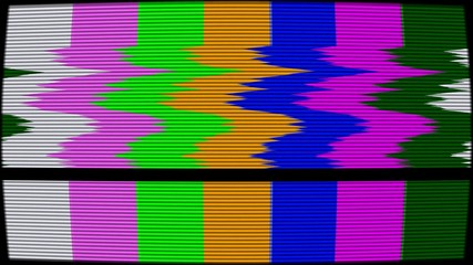 Old TV test pattern colorful stripes damaged by glitches, banding and grain noise effects