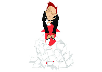 Businessman and arrow signs concept illustration. Sad man sits on the arrow sign arising from the big pile of papers isolated on white   
