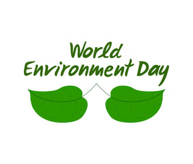 Green leaf with hand drawn lettering of World Environment Day. Vector illustration.