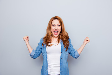 Close up photo beautiful amazing she her foxy curly lady arms hands raised yell excited football...