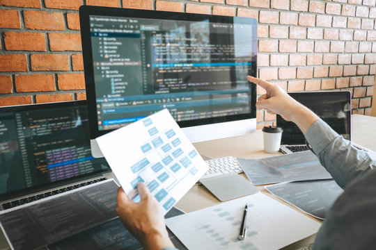 Developer programmer working software website design and coding technology