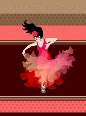 Flamenco night (text in spanish). Young girl in a red dress with a shawl in the form of a flying bird is dancing on a polka dot background. Invitation card, poster.