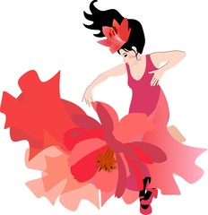 Attractive dancer in a red dress with a hem in the form of a cosmos flower and a lily flower as a crown, dancing flamenco isolated on a white background.