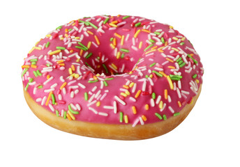 donut, round cake with pink glaze, isolated on white background.