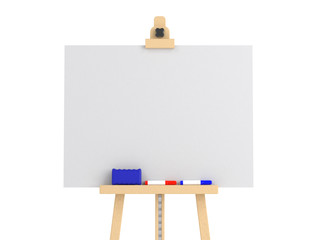 Empty easel with empty whiteboard (magnetic board) isolated on white. Mockup template - 3D rendering