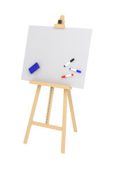 Empty easel with empty whiteboard (magnetic board) isolated on white. Mockup template - 3D rendering