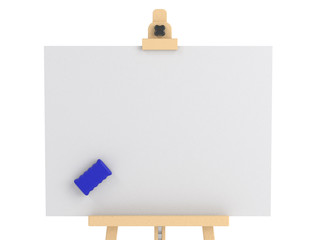 Empty easel with empty whiteboard (magnetic board) isolated on white. Mockup template - 3D rendering