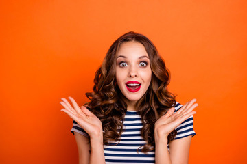 Close up photo beautiful she her lady glossy red lipstick hold arms hands air celebrate celebrity...