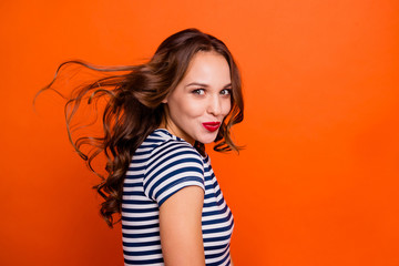 Closeup photo portrait of nice cool glamorous in casual outfit clothes top enjoying good mood...