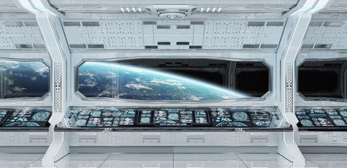 White clean spaceship interior with view on planet Earth 3D rendering