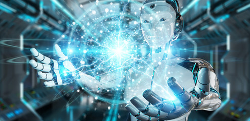 White robot creating renewable and sustainable eco energy with electrical sphere 3D rendering