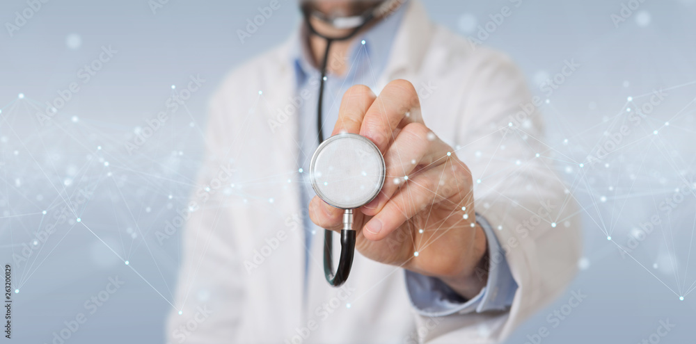 Aufkleber Scientist using floating digital network connections with dots and lines 3D rendering