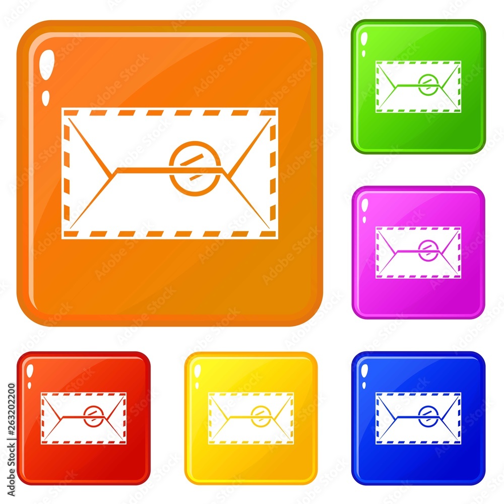 Poster mail envelope with a stamp icons set collection vector 6 color isolated on white background