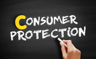 Consumer protection text on blackboard, concept background