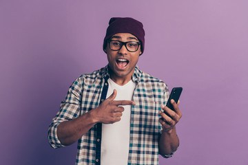 Closeup photo portrait of astonished delightful crazy funky funny open mouth staring eyes facial...