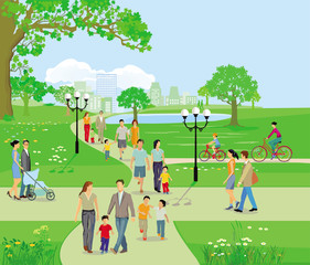 Stadtpark mit Personen und Familien in der Freizeit