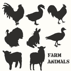 Set of vector farm animals silhouettes for design