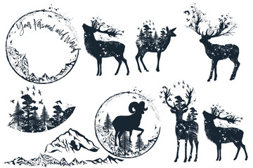 Set of vector artistic deer silhouettes for design, retro style