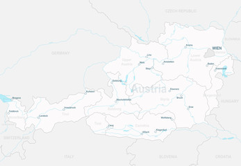 Administrative map of Austria with states, rivers and cities - highly detailed vector illustration