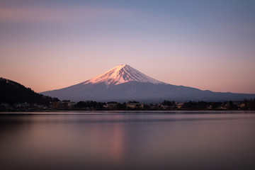 Magnificent Mount Fuji at Sunrise, view from northern shore of Lake Kawaguchiko Japan