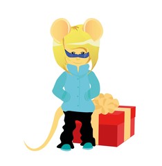 Cartoon rat in winter overalls and with a gift. Year of the rat. Chinese horoscope. Beauty mouse. 